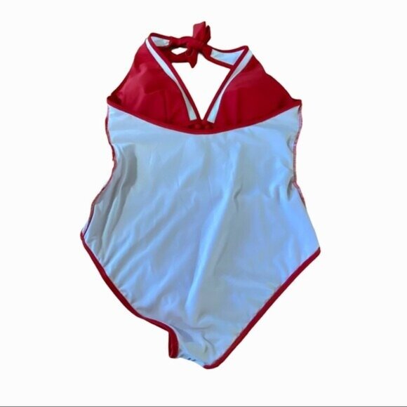 NWT COCOSHIP Plunging Neck One Piece Swimsuit Pom Pom Tassel 16 Red White - Picture 12 of 12